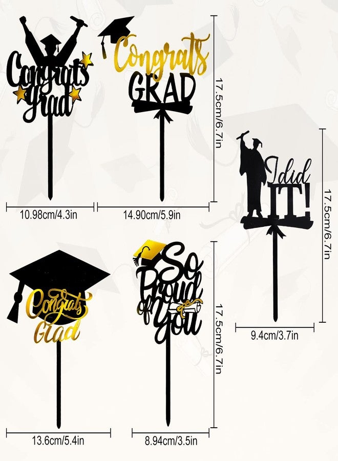 Whaline 5Pcs Graduation Cake Toppers 2025 Black Gold Acrylic Cake Topper Class of 2025 Congrats Grad Cake Decorations for High School College Grad Party Supplies - Image 2